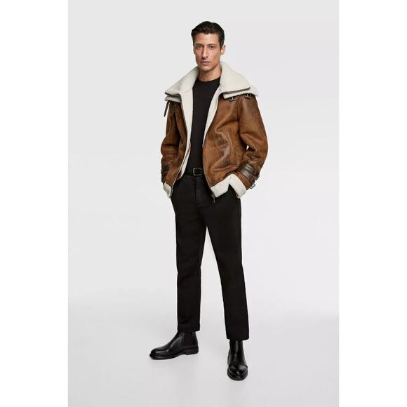Zara Faux Leather Sherpa Lined Aviator Style Contrast Double Collar Jacket Large - Picture 10 of 13